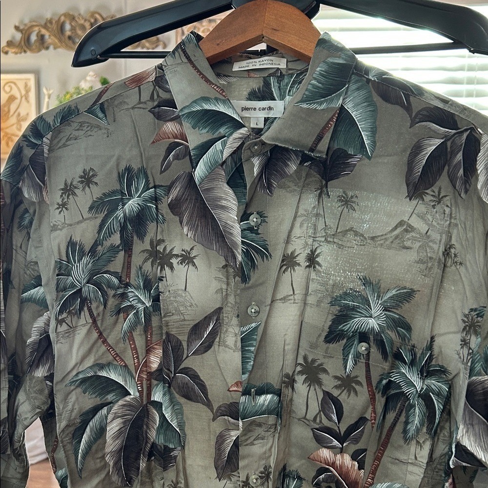 Pierre Cardin Men's Tropical Palm‎ Shirt - Gray and Green